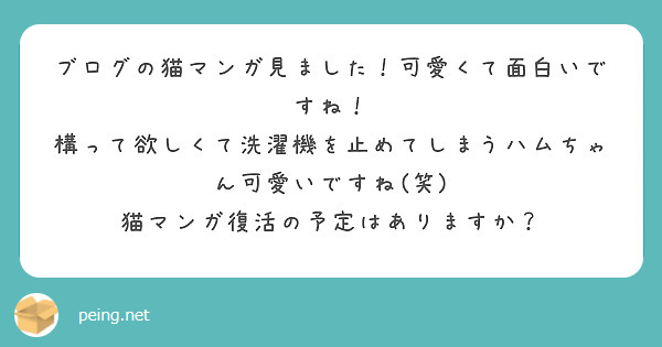 ブログの猫マンガ見ました！可愛くて面白いですね！
構って欲しくて洗濯機を止めてしまうハムちゃん可愛いですね(笑)
猫マンガ復活の予定はありますか？