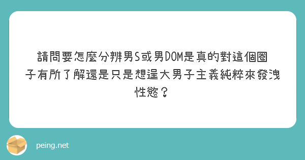 請問要怎麼分辨男s或男dom是真的對這個圈子有所了解還是只是想逞大男子主義純粹來發洩性慾 Peing 質問箱