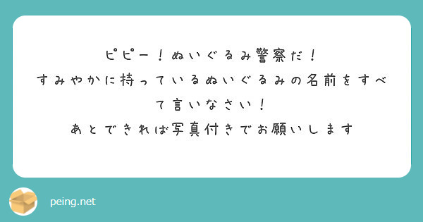 ピピー ぬいぐるみ警察だ すみやかに持っているぬいぐるみの名前をすべて言いなさい Peing 質問箱