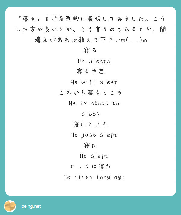 「寝る」を時系列的に表現してみました。こうした方が良いとか、こう言うのもあるとか、間違えがあれば教えて下さいm(_ _)m
寝る
  He sleeps
寝る予定
　He will sleep
これから寝るところ
  He is about to sleep
寝たところ
  He just slept
寝た
  He slept
とっくに寝た
　He slept long ago