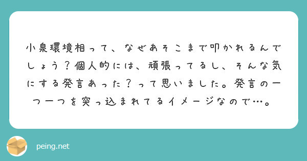 小泉環境相って、なぜあそこまで叩かれるんでしょう？個人的には、頑張ってるし、そんな気にする発言あった？って思いました。発言の一つ一つを突っ込まれてるイメージなので…。