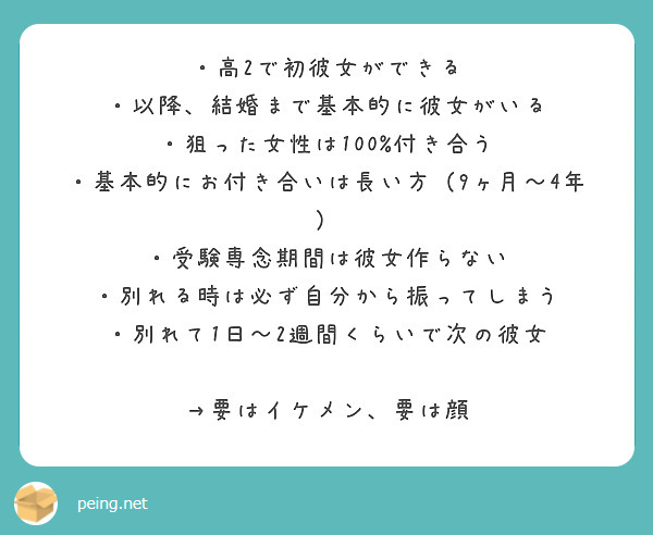 高2で初彼女ができる 以降 結婚まで基本的に彼女がいる 狙った女性は100 付き合う Peing 質問箱