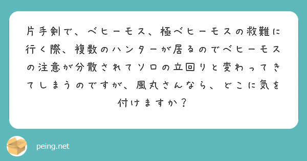 片手剣で ベヒーモス 極ベヒーモスの救難に行く際 複数のハンターが居るのでベヒーモスの注意が分散されてソロの立回 Peing 質問箱