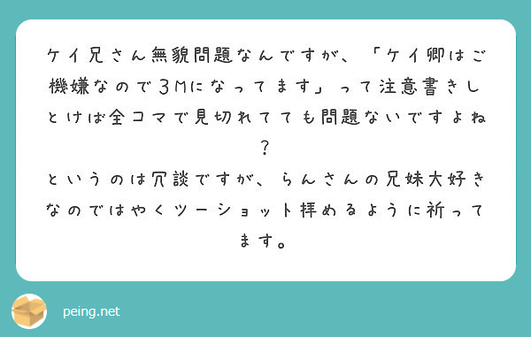 ケイ兄さん無貌問題なんですが ケイ卿はご機嫌なので３mになってます って注意書きしとけば全コマで見切れてても問 Peing 質問箱