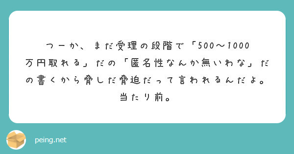 つーか、まだ受理の段階で「500～1000万円取れる」だの「匿名性なんか無いわな」だの書くから脅しだ脅迫だって言われるんだよ。当たり前。