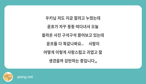우키님 저도 지금 잘려고 누웠는데 윤호가 자꾸 둥둥 떠다녀서 오늘 올라온 사진 구석구석 뜯어보고 있는데 윤프들 다 똑같나봐요..❤ 사람이 어떻게 이렇게 사랑스럽고 귀엽고 잘 생겼을까 감탄하는 중입니다,,