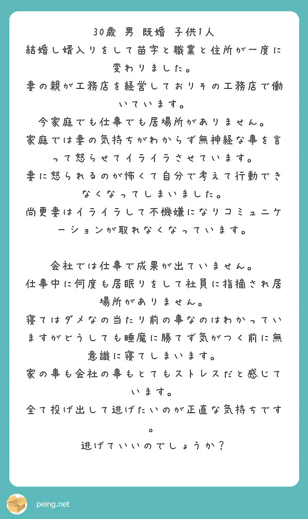 30歳 男 既婚 子供1人
結婚し婿入りをして苗字と職業と住所が一度に変わりました。
妻の親が工務店を経営しておりその工務店で働いています。
今家庭でも仕事でも居場所がありません。
家庭では妻の気持ちがわからず無神経な事を言って怒らせてイライラさせています。
妻に怒られるのが怖くて自分で考えて行動できなくなってしまいました。
尚更妻はイライラして不機嫌になりコミュニケーションが取れなくなっています。

会社では仕事で成果が出ていません。
仕事中に何度も居眠りをして社員に指摘され居場所がありません。
寝てはダメなの当たり前の事なのはわかっていますがどうしても睡魔に勝てず気がつく前に無意識に寝てしまいます。
家の事も会社の事もとてもストレスだと感じています。
全て投げ出して逃げたいのが正直な気持ちです。
逃げていいのでしょうか？