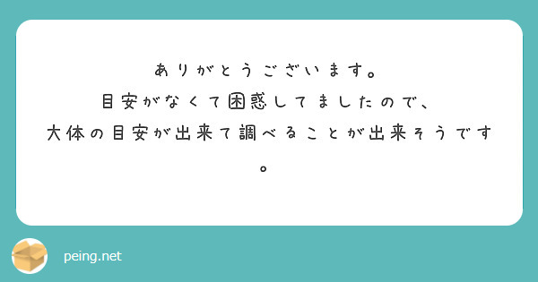 ありがとうございます。
目安がなくて困惑してましたので、
大体の目安が出来て調べることが出来そうです。