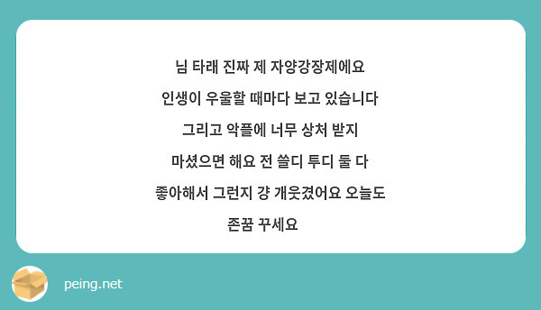 님 타래 진짜 제 자양강장제에요 인생이 우울할 때마다 보고 있습니다 그리고 악플에 너무 상처 받지 마셨으면 해요 전 쓸디 투디 둘 다 좋아해서 그런지 걍 개웃겼어요 오늘도 존꿈 꾸세요❤
