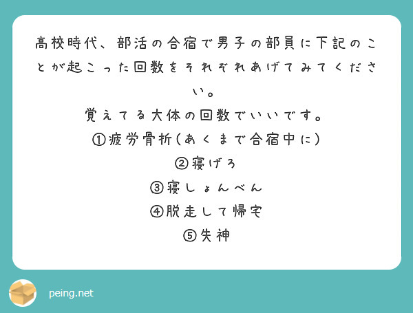高校時代、部活の合宿で男子の部員に下記のことが起こった回数をそれぞれあげてみてください。
覚えてる大体の回数でいいです。
①疲労骨折(あくまで合宿中に)
②寝げろ
③寝しょんべん
④脱走して帰宅
⑤失神

