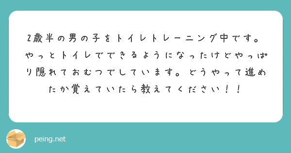 2歳半の男の子をトイレトレーニング中です。
やっとトイレでできるようになったけどやっぱり隠れておむつでしています。どうやって進めたか覚えていたら教えてください！！