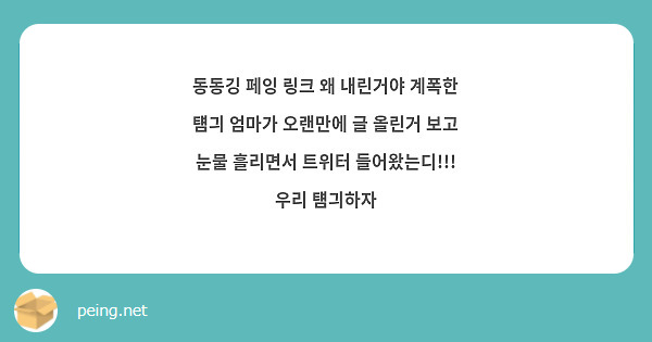 동동깅 페잉 링크 왜 내린거야 계폭한 턤긔 엄마가 오랜만에 글 올린거 보고 눈물 흘리면서 트위터 들어왔는디!!! 우리 턤긔하자