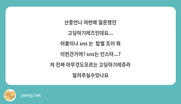 산중언니 저번에 질문했던 고딩아기레즈인데요... 어플이나 Sns 는 탑엘 조이 뭐 이런건가여? | Peing -질문함-