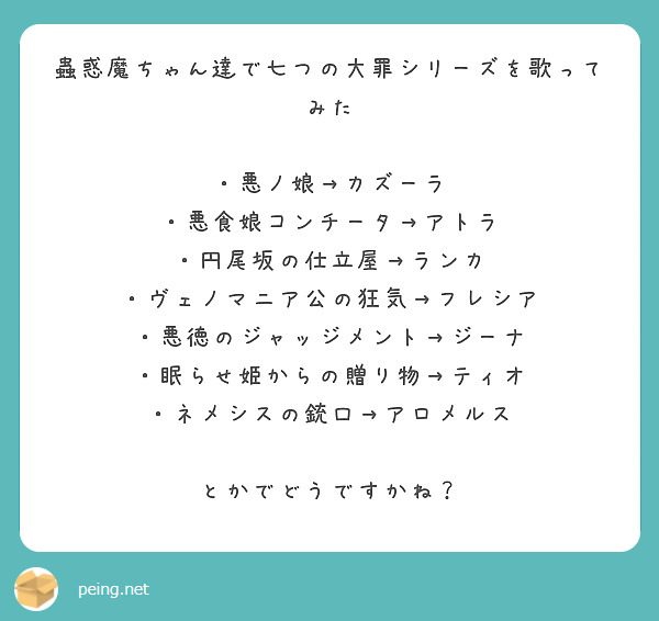 蟲惑魔ちゃん達で七つの大罪シリーズを歌ってみた

・悪ノ娘→カズーラ
・悪食娘コンチータ→アトラ
・円尾坂の仕立屋→ランカ
・ヴェノマニア公の狂気→フレシア
・悪徳のジャッジメント→ジーナ
・眠らせ姫からの贈り物→ティオ
・ネメシスの銃口→アロメルス

とかでどうですかね？