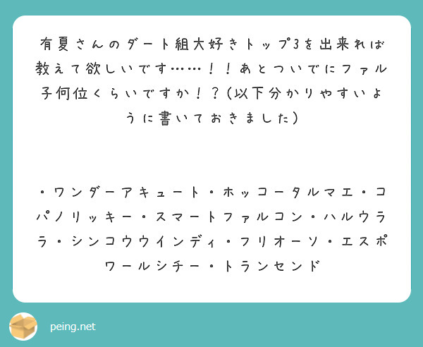 有夏さんのダート組大好きトップ3を出来れば教えて欲しいです……！！あとついでにファル子何位くらいですか！？(以下分かりやすいように書いておきました)


・ワンダーアキュート・ホッコータルマエ・コパノリッキー・スマートファルコン・ハルウララ・シンコウウインディ・フリオーソ・エスポワールシチー・トランセンド