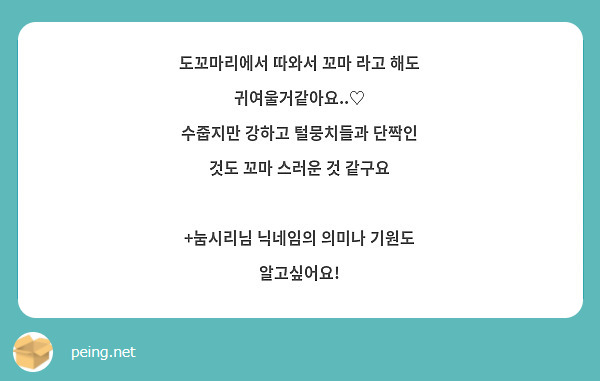 도꼬마리에서 따와서 꼬마 라고 해도 귀여울거같아요..♡
수줍지만 강하고 털뭉치들과 단짝인 것도 꼬마 스러운 것 같구요

+눔시리님 닉네임의 의미나 기원도 알고싶어요!