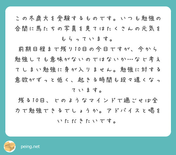この冬鹿大を受験するものです。いつも勉強の合間に馬たちの写真を見てはたくさんの元気をもらっています。
前期日程まで残り10日の今日ですが、今から勉強しても意味がないのではないか…など考えてしまい勉強に身が入りません。勉強に対する意欲がずっと低く、起きる時間も段々遅くなっています。
残る10日、どのようなマインドで過ごせば全力で勉強できるでしょうか。アドバイスと喝をいただきたいです。