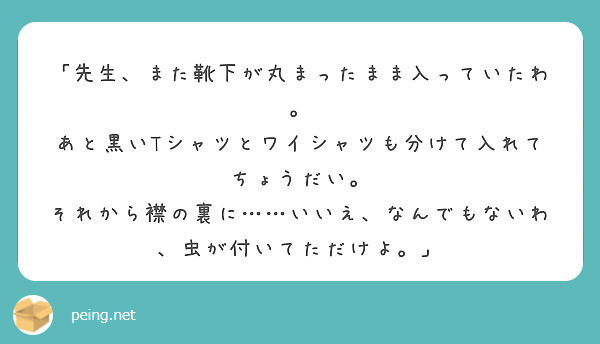 「先生、また靴下が丸まったまま入っていたわ。
あと黒いTシャツとワイシャツも分けて入れてちょうだい。
それから襟の裏に……いいえ、なんでもないわ、虫が付いてただけよ。」