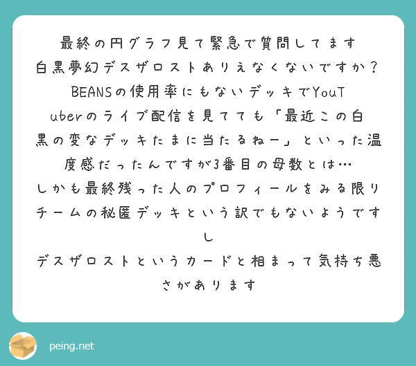 最終の円グラフ見て緊急で質問してます
白黒夢幻デスザロストありえなくないですか？
BEANSの使用率にもないデッキでYouTuberのライブ配信を見てても「最近この白黒の変なデッキたまに当たるねー」といった温度感だったんですが3番目の母数とは…
しかも最終残った人のプロフィールをみる限りチームの秘匿デッキという訳でもないようですし
デスザロストというカードと相まって気持ち悪さがあります