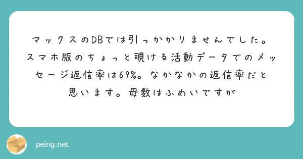 マックスのDBでは引っかかりませんでした。
スマホ版のちょっと覗ける活動データでのメッセージ返信率は69%。なかなかの返信率だと思います。母数はふめいですが