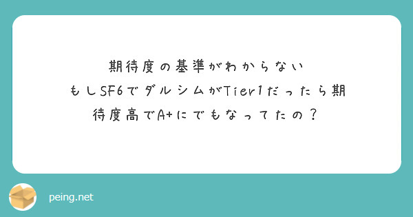 期待度の基準がわからない
もしSF6でダルシムがTier1だったら期待度高でA+にでもなってたの？