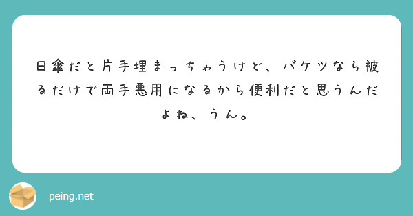 日傘だと片手埋まっちゃうけど、バケツなら被るだけで両手悪用になるから便利だと思うんだよね、うん。