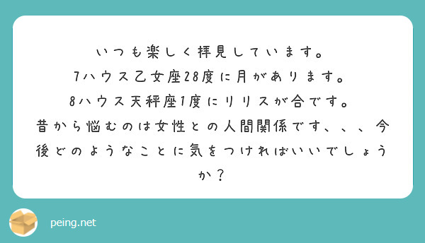 いつも楽しく拝見しています。
7ハウス乙女座28度に月があります。
8ハウス天秤座1度にリリスが合です。
昔から悩むのは女性との人間関係です、、、今後どのようなことに気をつければいいでしょうか？