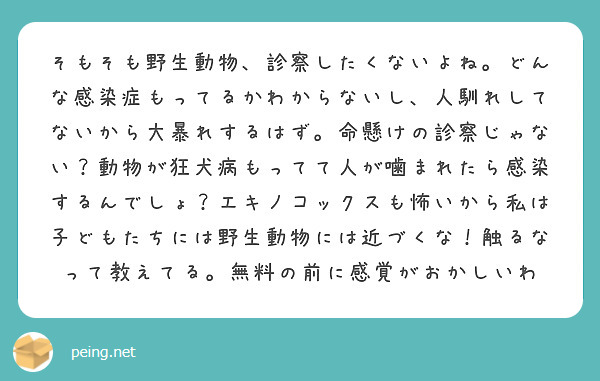 そもそも野生動物、診察したくないよね。どんな感染症もってるかわからないし、人馴れしてないから大暴れするはず。命懸けの診察じゃない？動物が狂犬病もってて人が噛まれたら感染するんでしょ？エキノコックスも怖いから私は子どもたちには野生動物には近づくな！触るなって教えてる。無料の前に感覚がおかしいわ