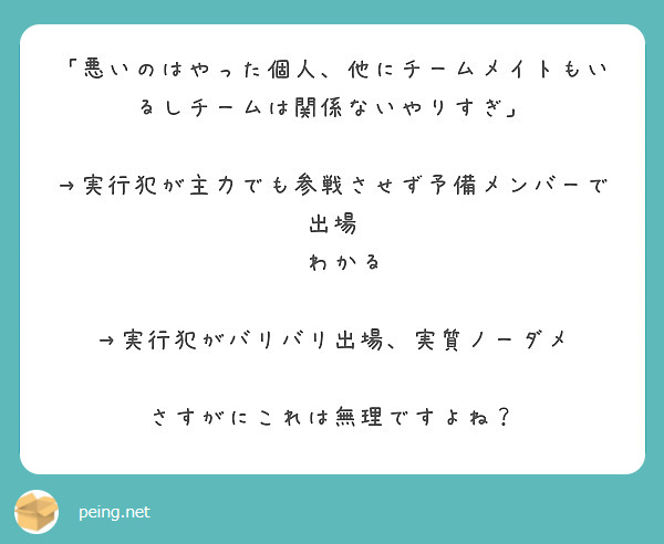「悪いのはやった個人、他にチームメイトもいるしチームは関係ないやりすぎ」

→実行犯が主力でも参戦させず予備メンバーで出場
　わかる

→実行犯がバリバリ出場、実質ノーダメ

さすがにこれは無理ですよね？
