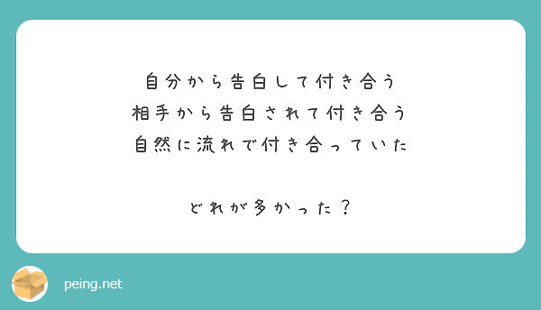 自分から告白して付き合う 相手から告白されて付き合う 自然に流れで付き合っていた どれが多かった Peing 質問箱