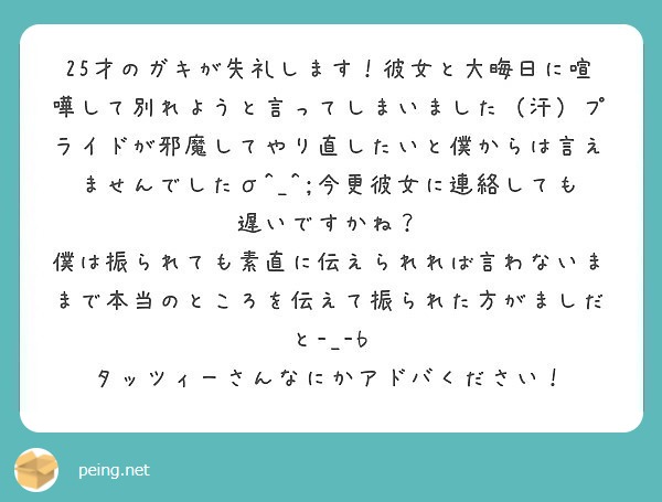 25才のガキが失礼します 彼女と大晦日に喧嘩して別れようと言ってしまいました 汗 プライドが邪魔してやり直したい Peing 質問箱