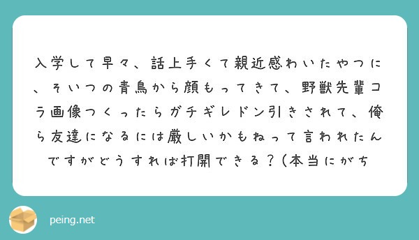 入学して早々 話上手くて親近感わいたやつに そいつの青鳥から顔もってきて 野獣先輩コラ画像つくったらガチギレドン Peing 質問箱