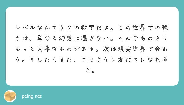 レベルなんてタダの数字だよ この世界での強さは 単なる幻想に過ぎない そんなものよりもっと大事なものがある 次は Peing 質問箱