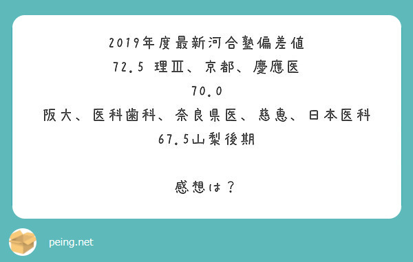 2019年度最新河合塾偏差値 72 5 理 京都 慶應医 70 0 阪大 医科歯科 奈良県医 慈恵 日本医科 Peing 質問箱