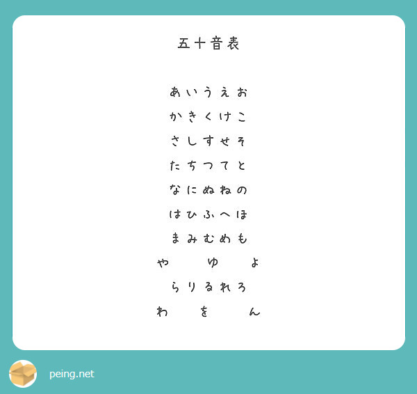 五十音表 あいうえお かきくけこ さしすせそ たちつてと なにぬねの はひふへほ まみむめも や ゆ よ | Peing -質問箱-