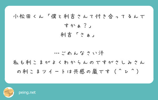 小松田くん「僕と利吉さんて付き合ってるんですかぁ？」
利吉「さぁ」

…ごめんなさい汗 私も利こまがよくわからんのですがさしみさんの利こまツイートは共感の嵐です（＾ν＾）