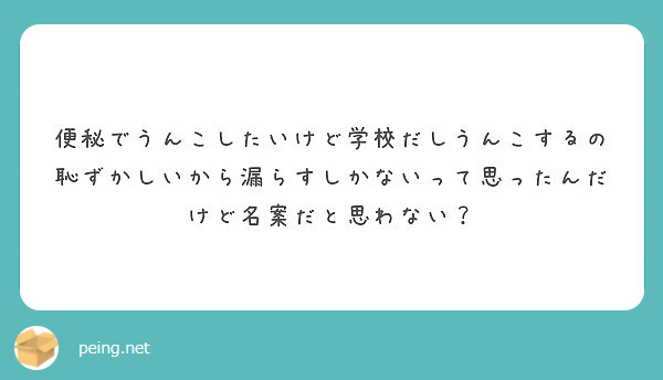 便秘でうんこしたいけど学校だしうんこするの恥ずかしいから漏らすしかないって思ったんだけど名案だと思わない Peing 質問箱