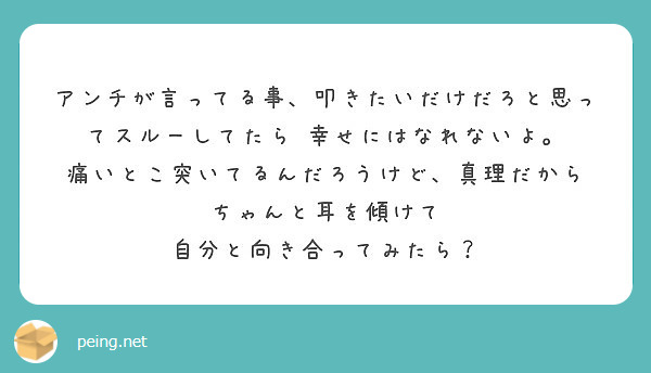 アンチが言ってる事 叩きたいだけだろと思ってスルーしてたら 幸せにはなれないよ Peing 質問箱