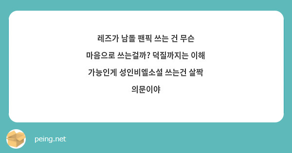 레즈가 남돌 팬픽 쓰는 건 무슨 마음으로 쓰는걸까? 덕질까지는 이해 가능인게 성인비엘소설 쓰는건 살짝 | Peing -질문함-