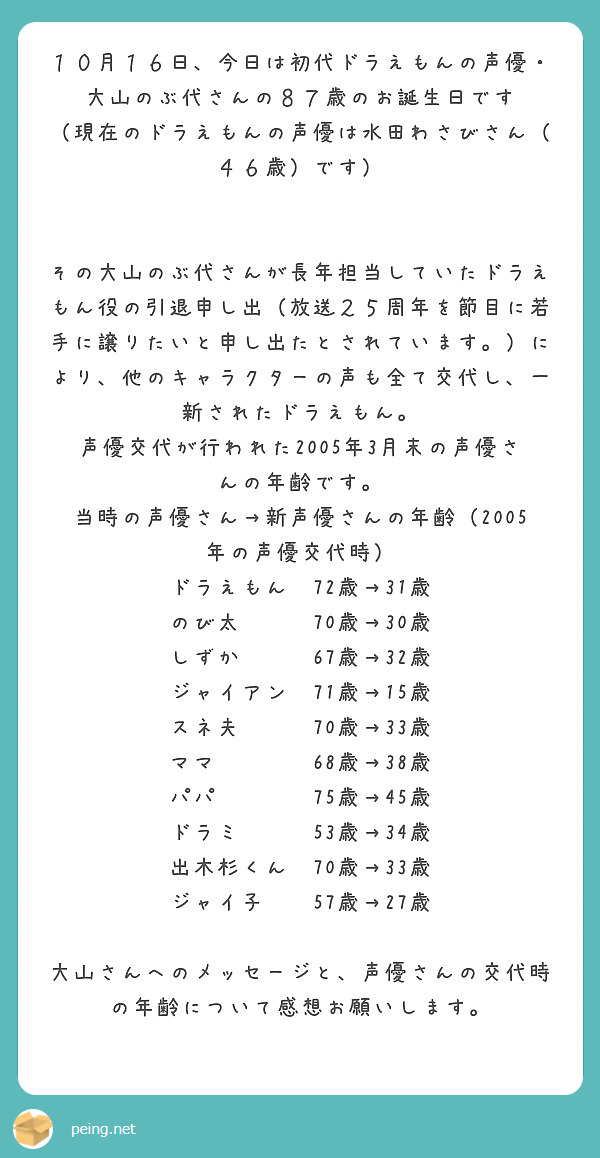 １０月１６日 今日は初代ドラえもんの声優 大山のぶ代さんの８７歳のお誕生日です Peing 質問箱