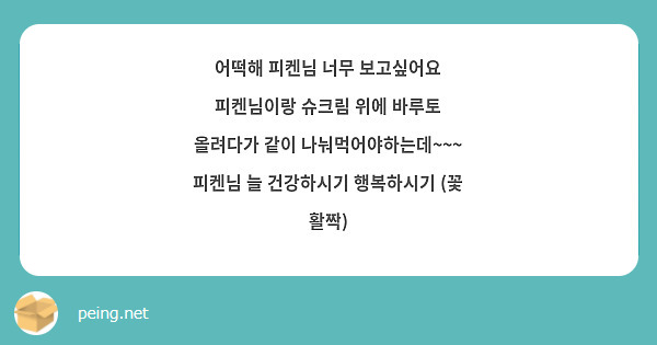 어떡해 피켄님 너무 보고싶어요
피켄님이랑 슈크림 위에 바루토 올려다가 같이 나눠먹어야하는데~~~
피켄님 늘 건강하시기 행복하시기 (꽃 활짝)