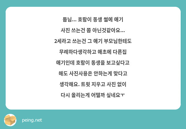 둡님... 호람이 동생 썰에 애기 사진 쓰는건 쫌 아닌것같아요... 2세라고 쓰는건 그 애기 | Peing -질문함-