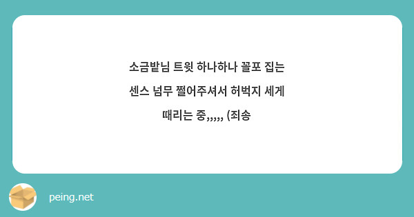 소금밭님 트윗 하나하나 꼴포 집는 센스 넘무 쩔어주셔서 허벅지 세게 때리는 중,,,,, (죄송 | Peing -질문함-